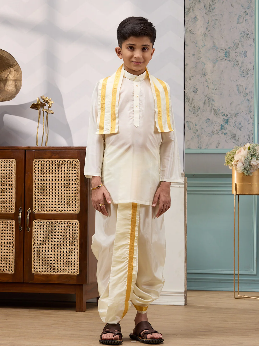 Like Father Like Son Cream Kurta Panchakacham & Towel Set - Image 11