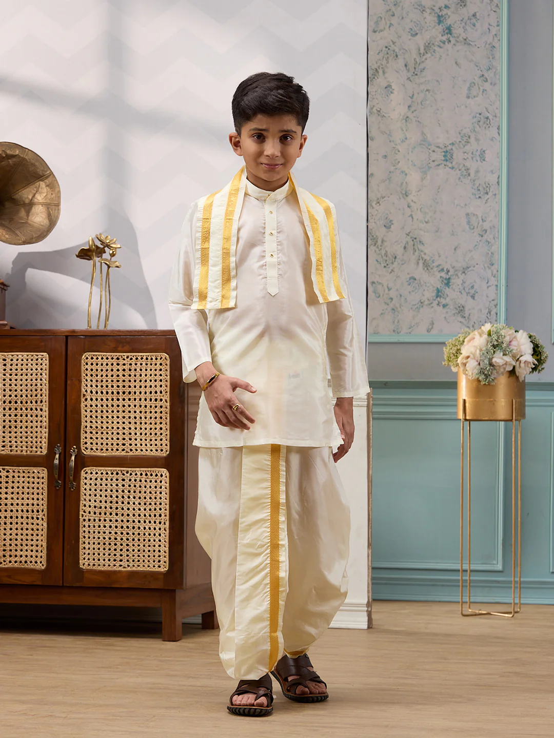 Like Father Like Son Cream Kurta Panchakacham & Towel Set - Image 2