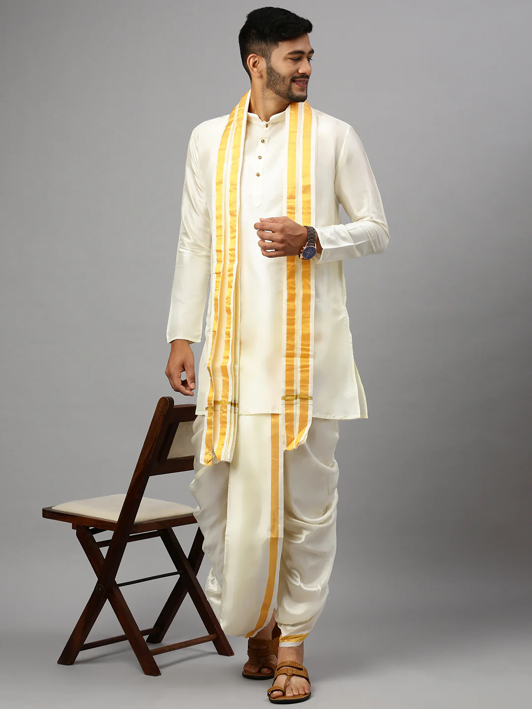 Like Father Like Son Cream Kurta Panchakacham & Towel Set - Image 5