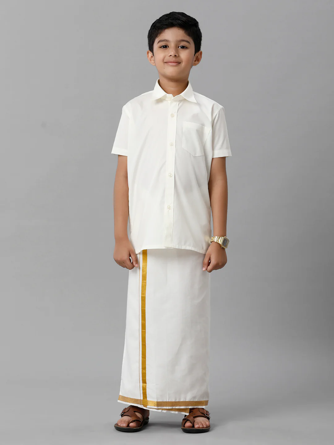 Like Father Like Son Full Sleeves Cream Shirt Dhoti Set Combo - Image 3
