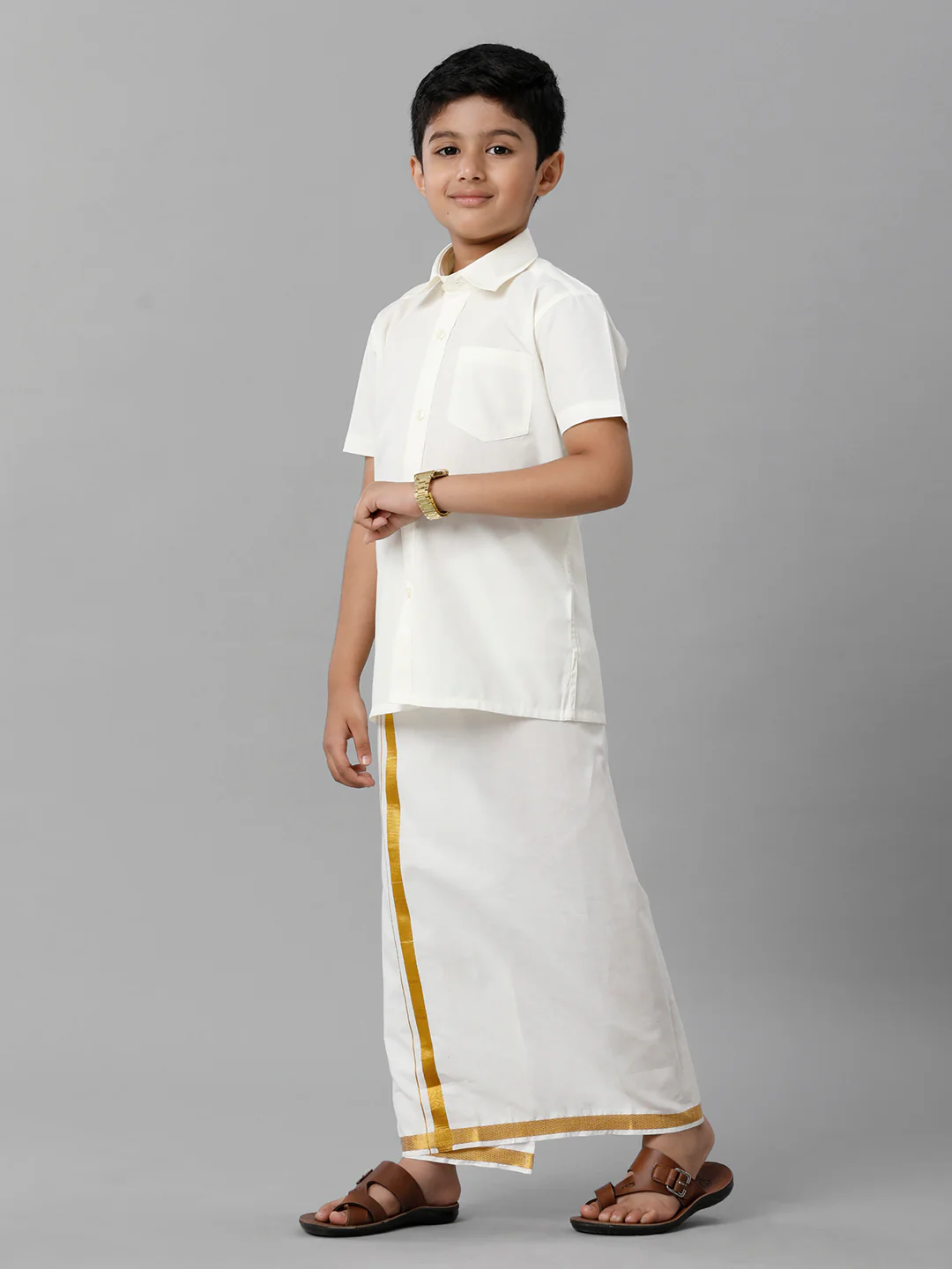 Like Father Like Son Full Sleeves Cream Shirt Dhoti Set Combo - Image 5