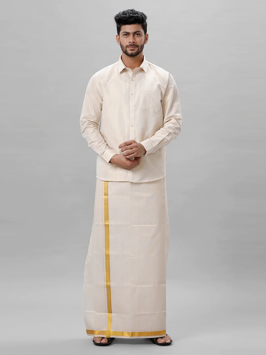 Like Father Like Son Full Sleeves Tissue Shirt & Dhoti Combo Gold - Image 3