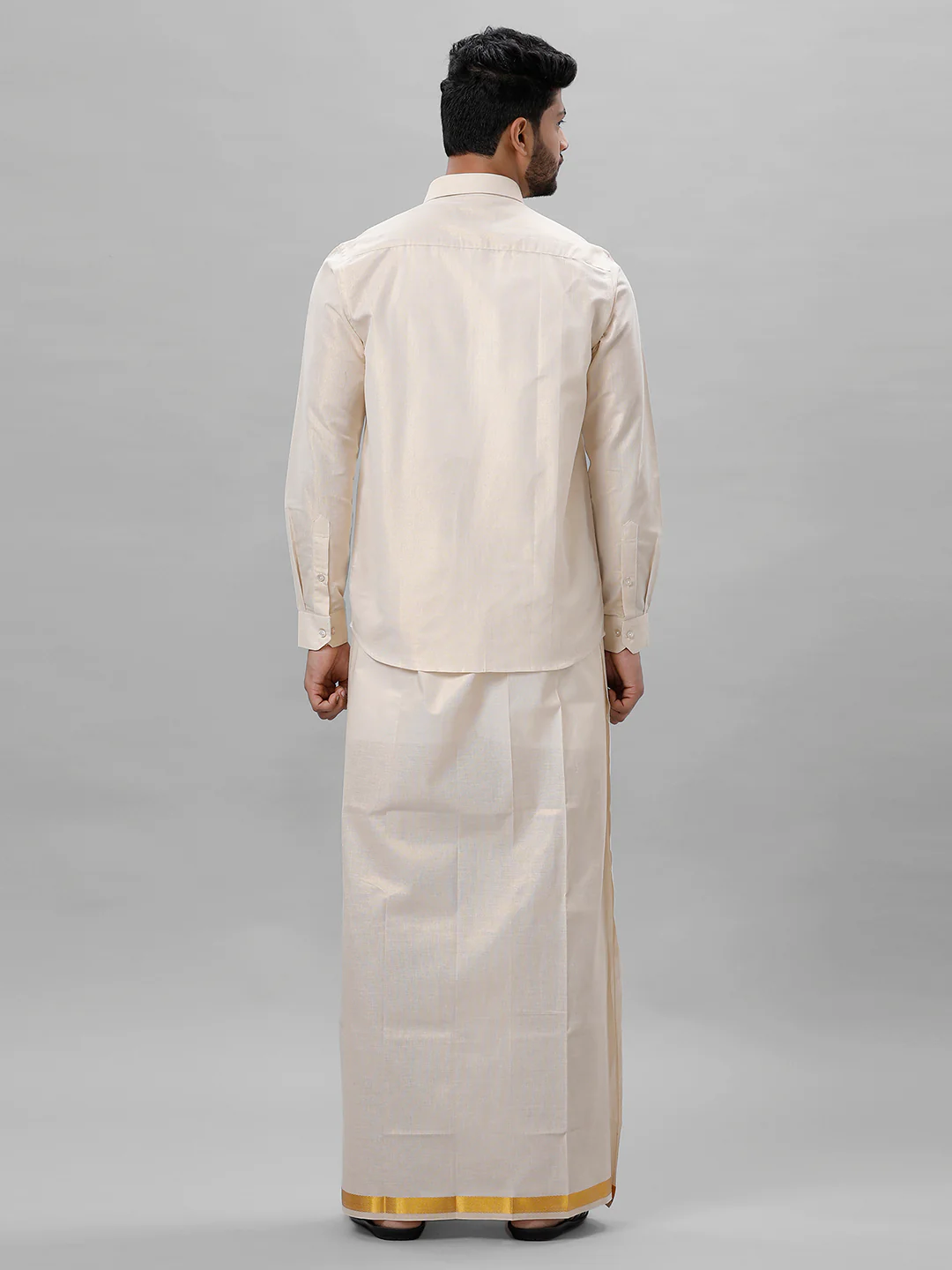 Like Father Like Son Full Sleeves Tissue Shirt & Dhoti Combo Gold - Image 4