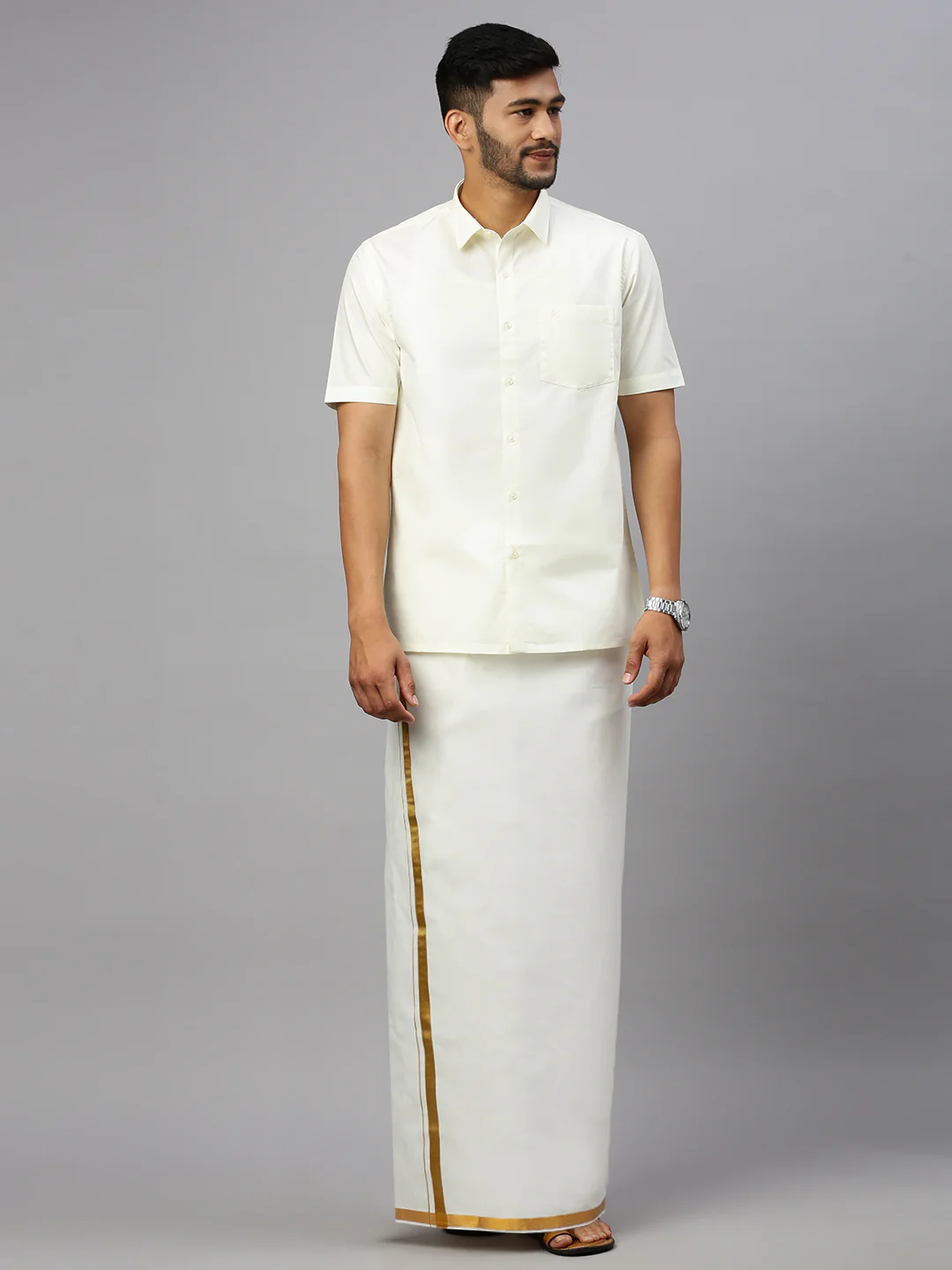 Like Father Like Son Half Sleeves Cream Shirt Dhoti Set Combo - Image 3