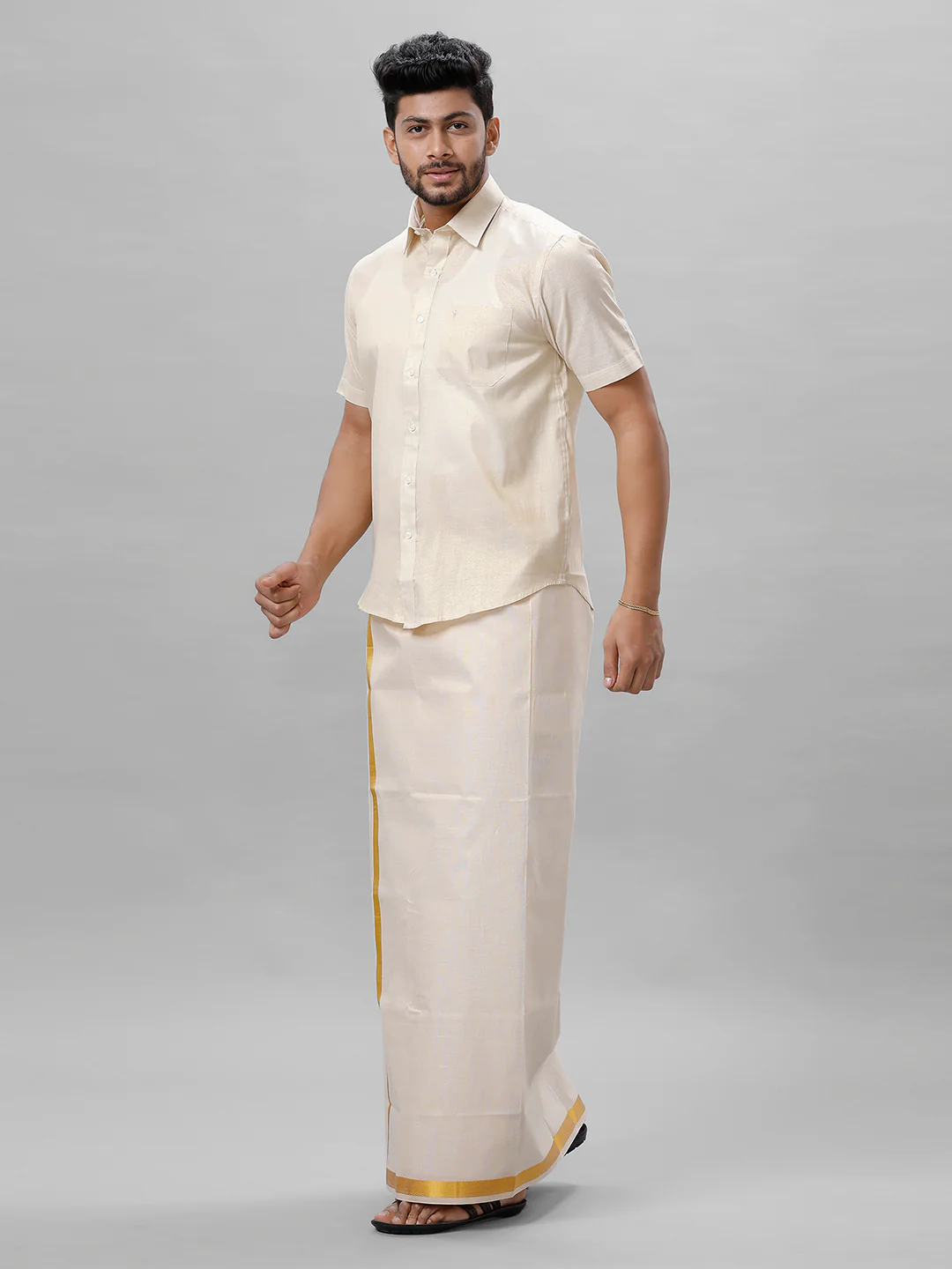 Like Father Like Son Half Sleeves Tissue Shirt & Dhoti Combo Gold - Image 3