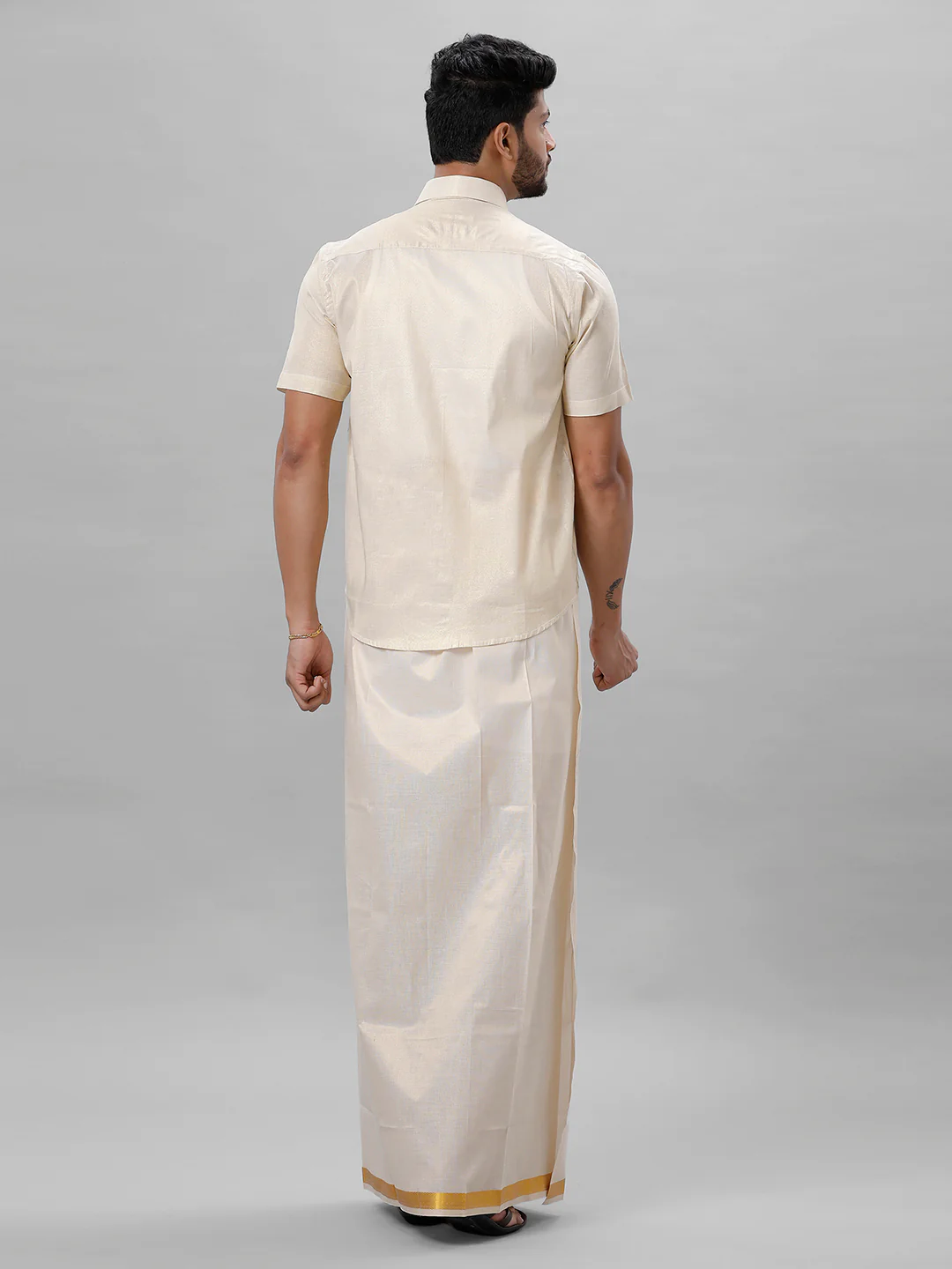 Like Father Like Son Half Sleeves Tissue Shirt & Dhoti Combo Gold - Image 5