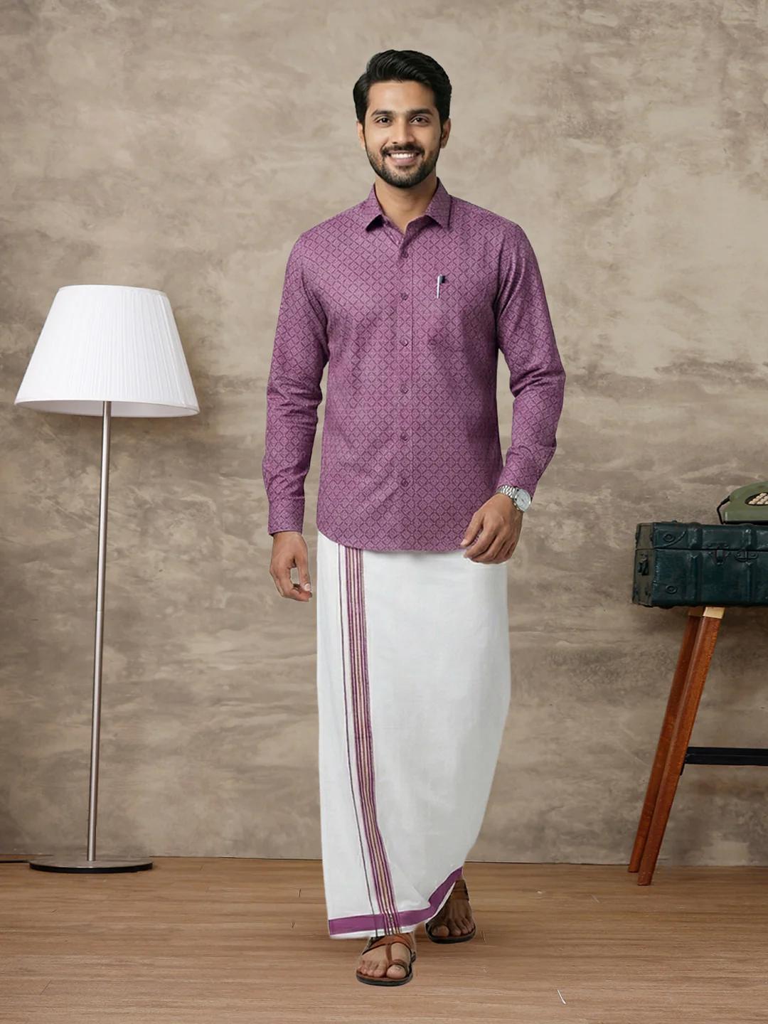 Like Father Like Son Matching Border Dhoti with Printed Shirt Combo Set Dark Magenta PS28 - Image 2