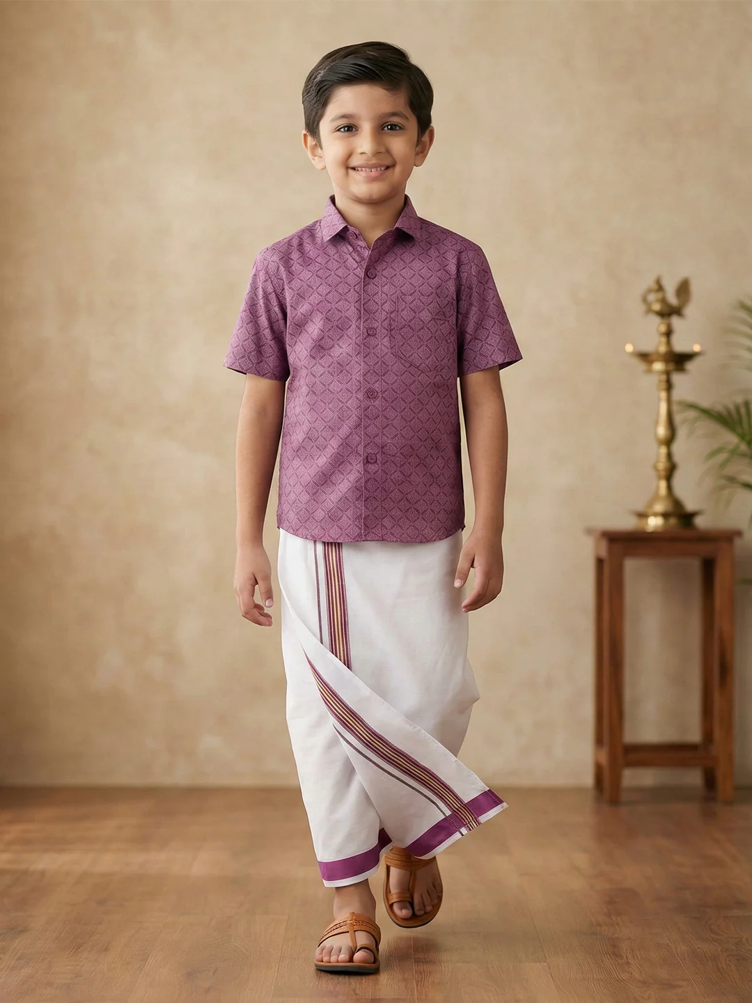Like Father Like Son Matching Border Dhoti with Printed Shirt Combo Set Dark Magenta PS28 - Image 3