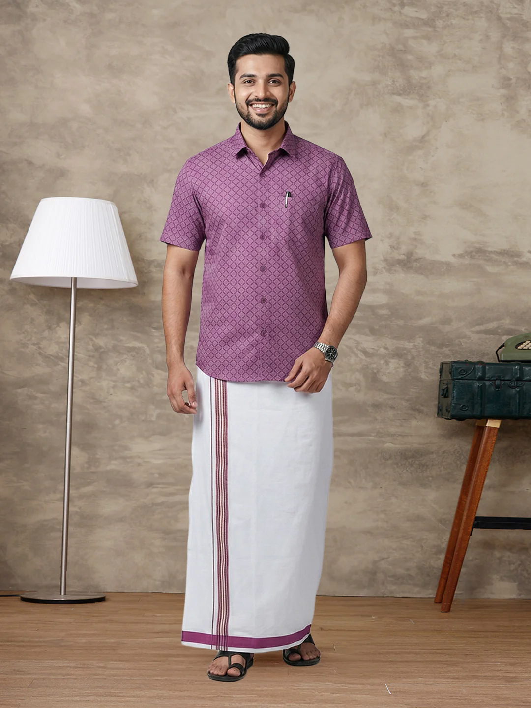 Like Father Like Son Matching Border Dhoti with Printed Shirt Combo Set Dark Magenta PS28 - Image 4