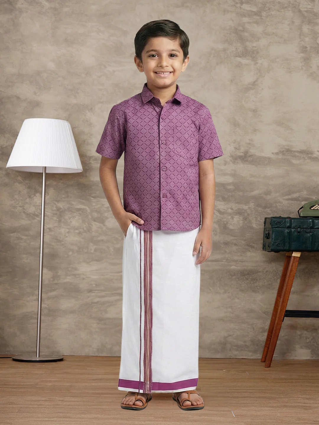 Like Father Like Son Matching Border Dhoti with Printed Shirt Combo Set Dark Magenta PS28 - Image 5