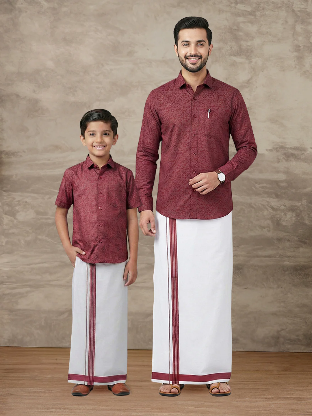 Like Father Like Son Matching Border Dhoti with Printed Shirt Combo Set Deep Red PS22