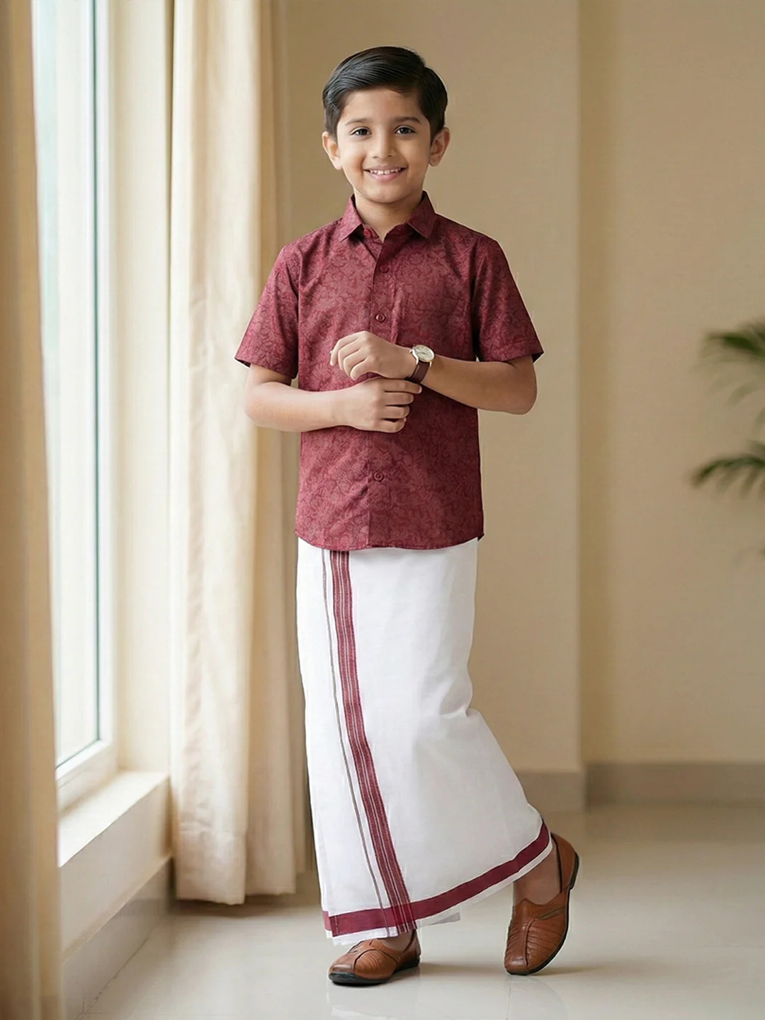 Like Father Like Son Matching Border Dhoti with Printed Shirt Combo Set Deep Red PS22 - Image 3