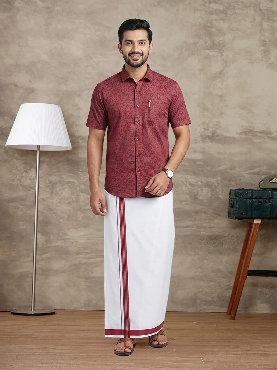 Like Father Like Son Matching Border Dhoti with Printed Shirt Combo Set Deep Red PS22 - Image 4