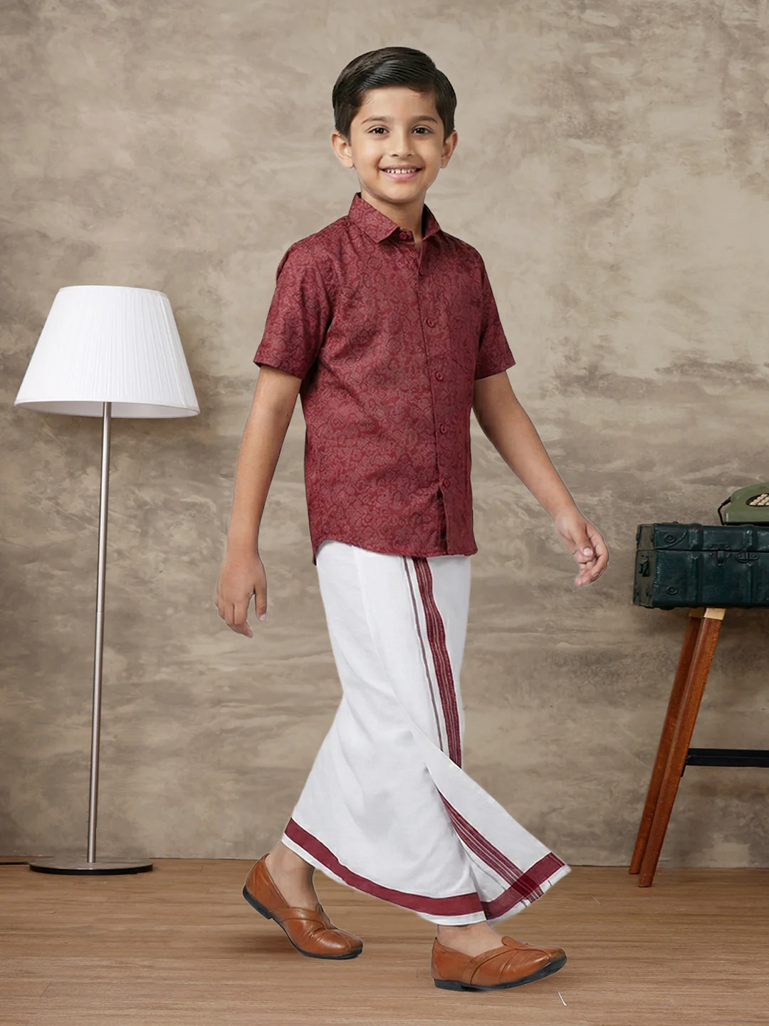 Like Father Like Son Matching Border Dhoti with Printed Shirt Combo Set Deep Red PS22 - Image 5