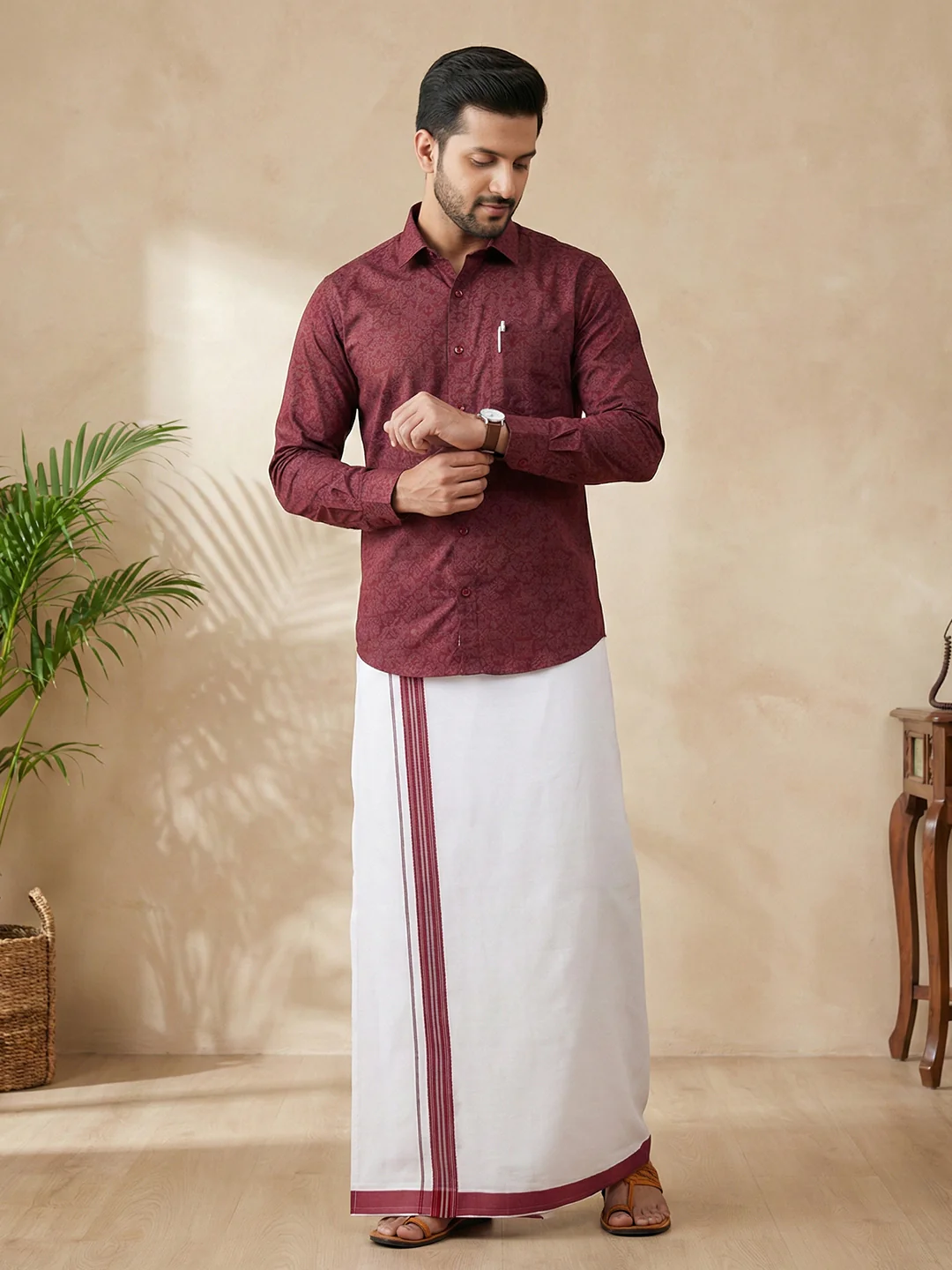 Like Father Like Son Matching Border Dhoti with Printed Shirt Combo Set Deep Red PS22 - Image 6