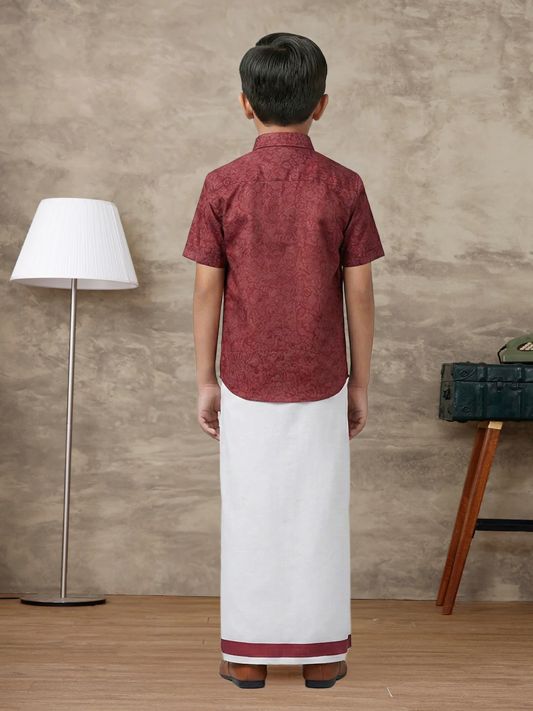 Like Father Like Son Matching Border Dhoti with Printed Shirt Combo Set Deep Red PS22 - Image 7