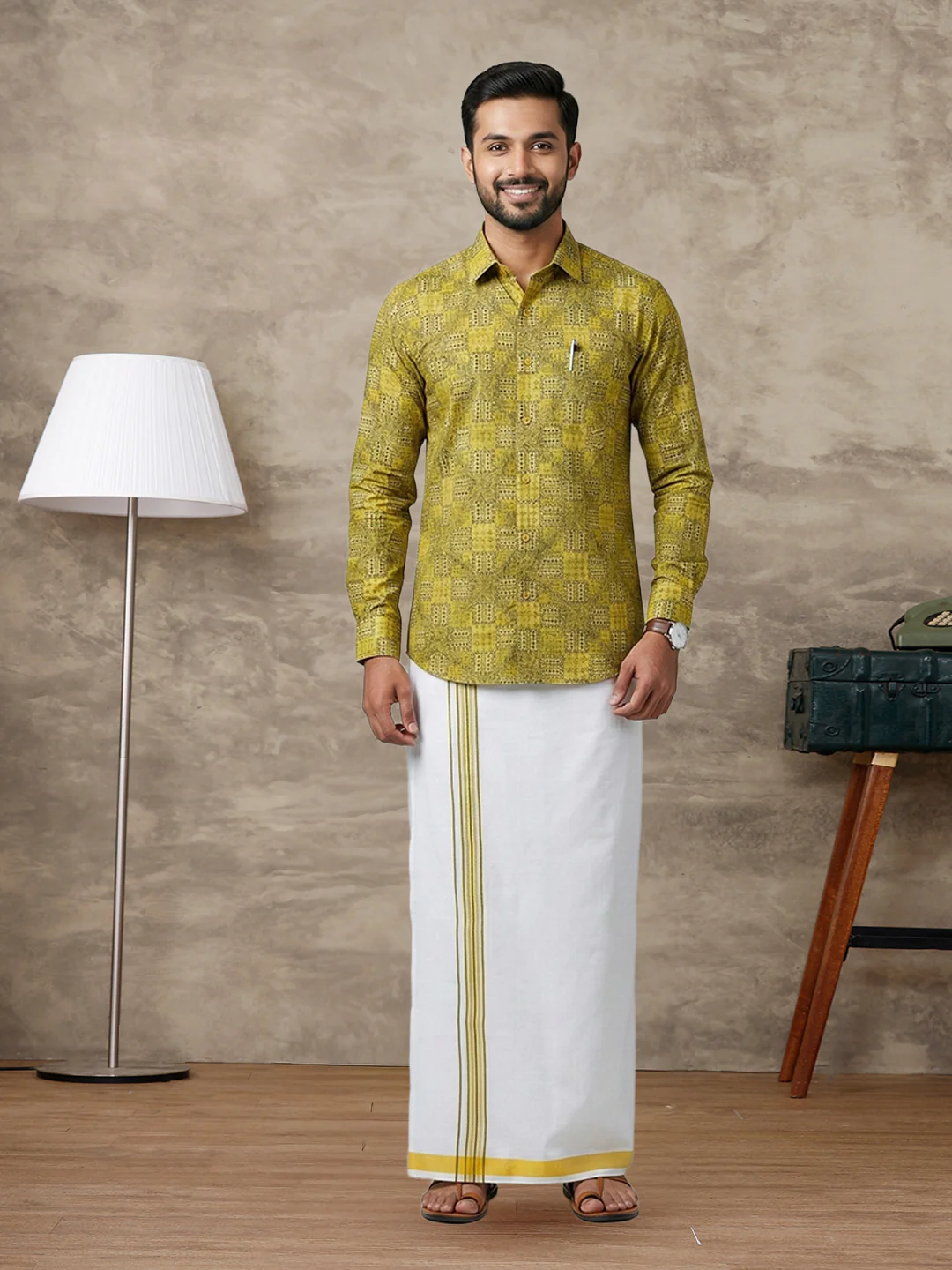 Like Father Like Son Matching Border Dhoti with Printed Shirt Combo Set Lemon Yellow PS29 - Image 2