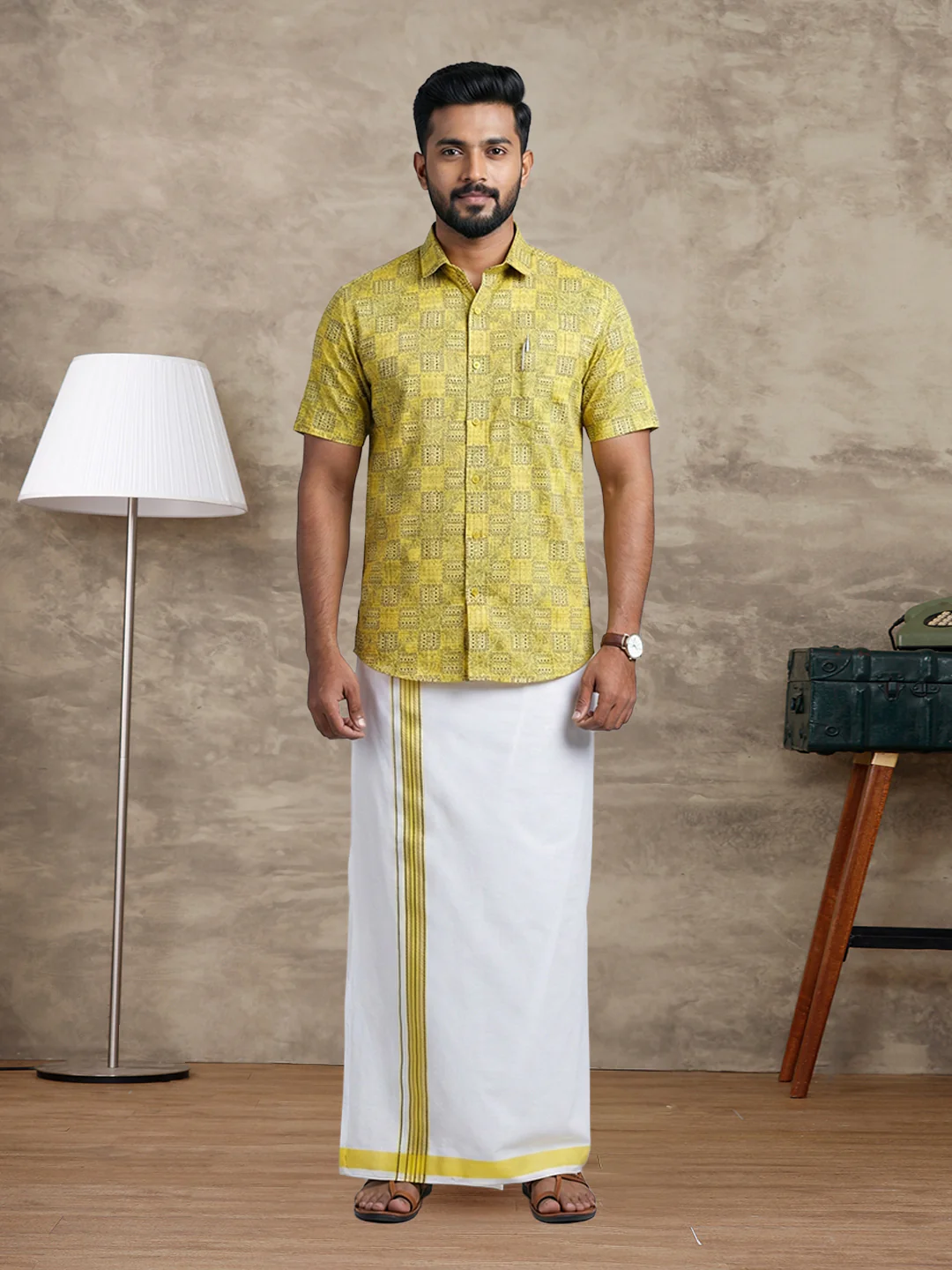 Like Father Like Son Matching Border Dhoti with Printed Shirt Combo Set Lemon Yellow PS29 - Image 3
