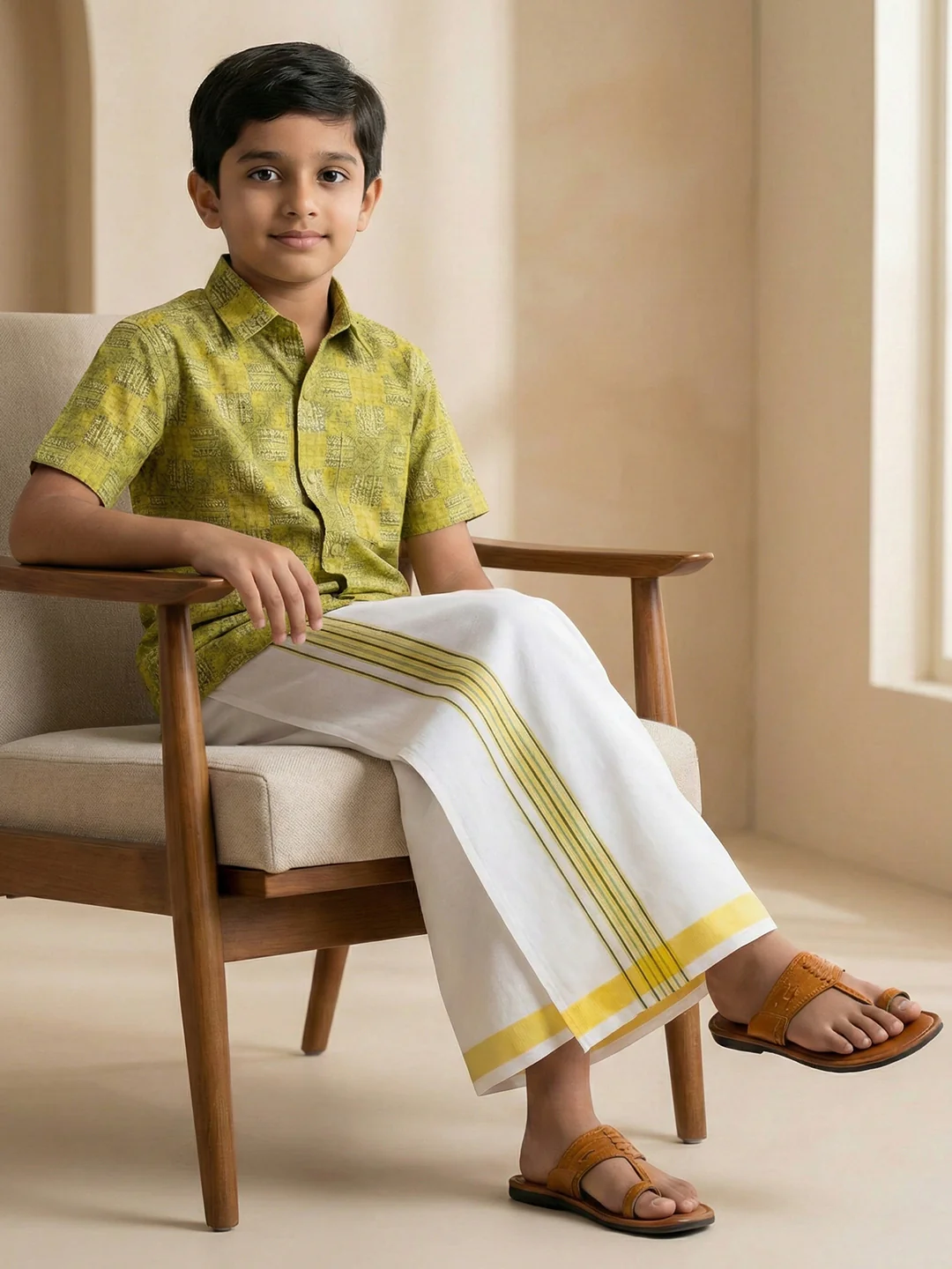 Like Father Like Son Matching Border Dhoti with Printed Shirt Combo Set Lemon Yellow PS29 - Image 4