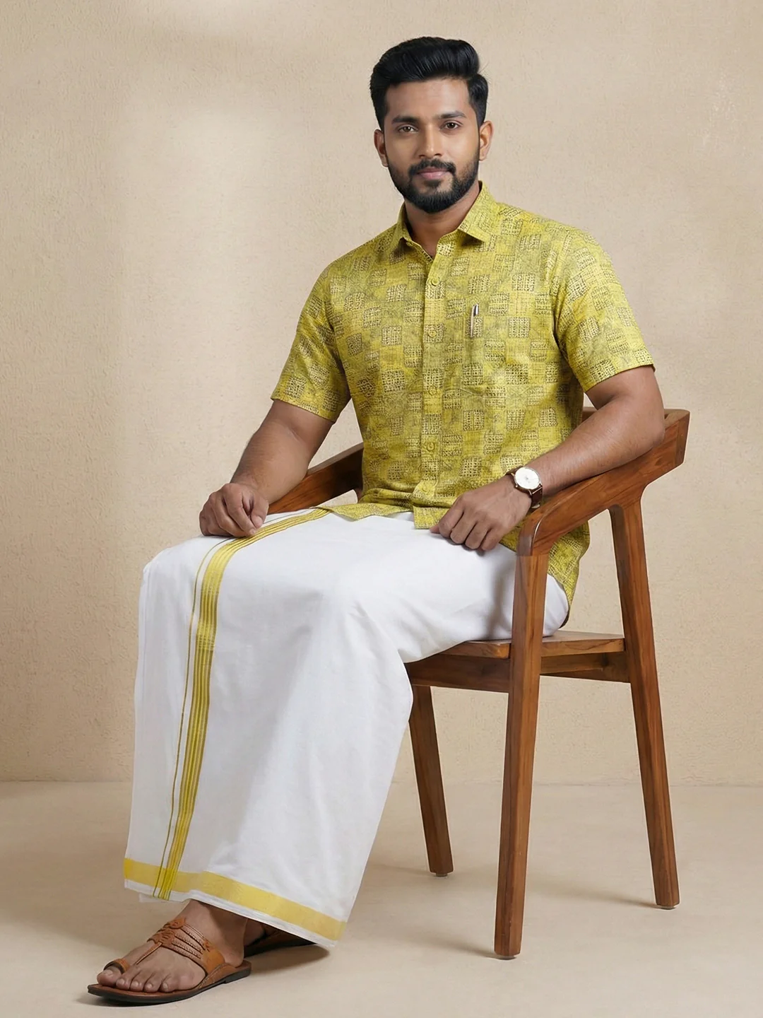 Like Father Like Son Matching Border Dhoti with Printed Shirt Combo Set Lemon Yellow PS29 - Image 7