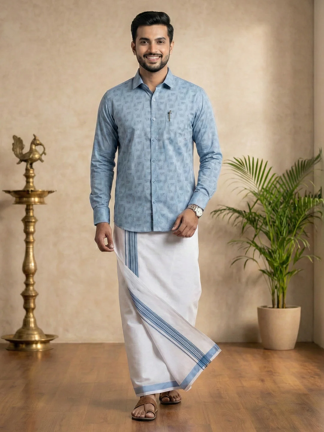 Like Father Like Son Matching Border Dhoti with Printed Shirt Combo Set Light Blue PS23 - Image 2