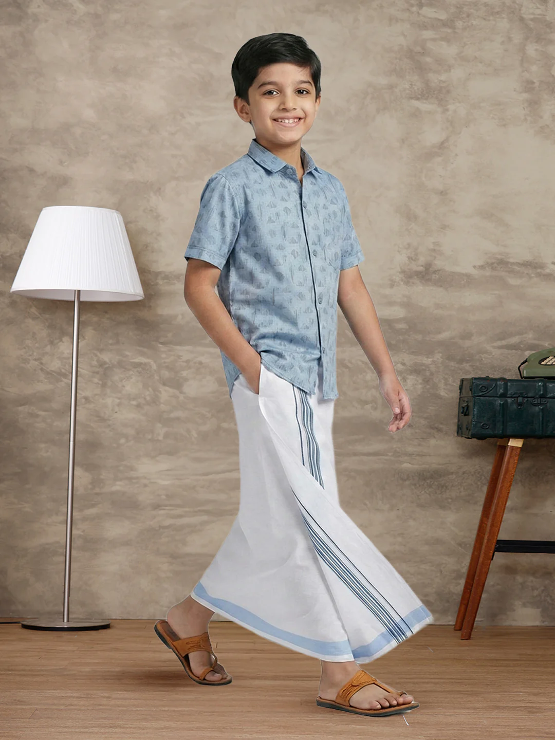 Like Father Like Son Matching Border Dhoti with Printed Shirt Combo Set Light Blue PS23 - Image 5