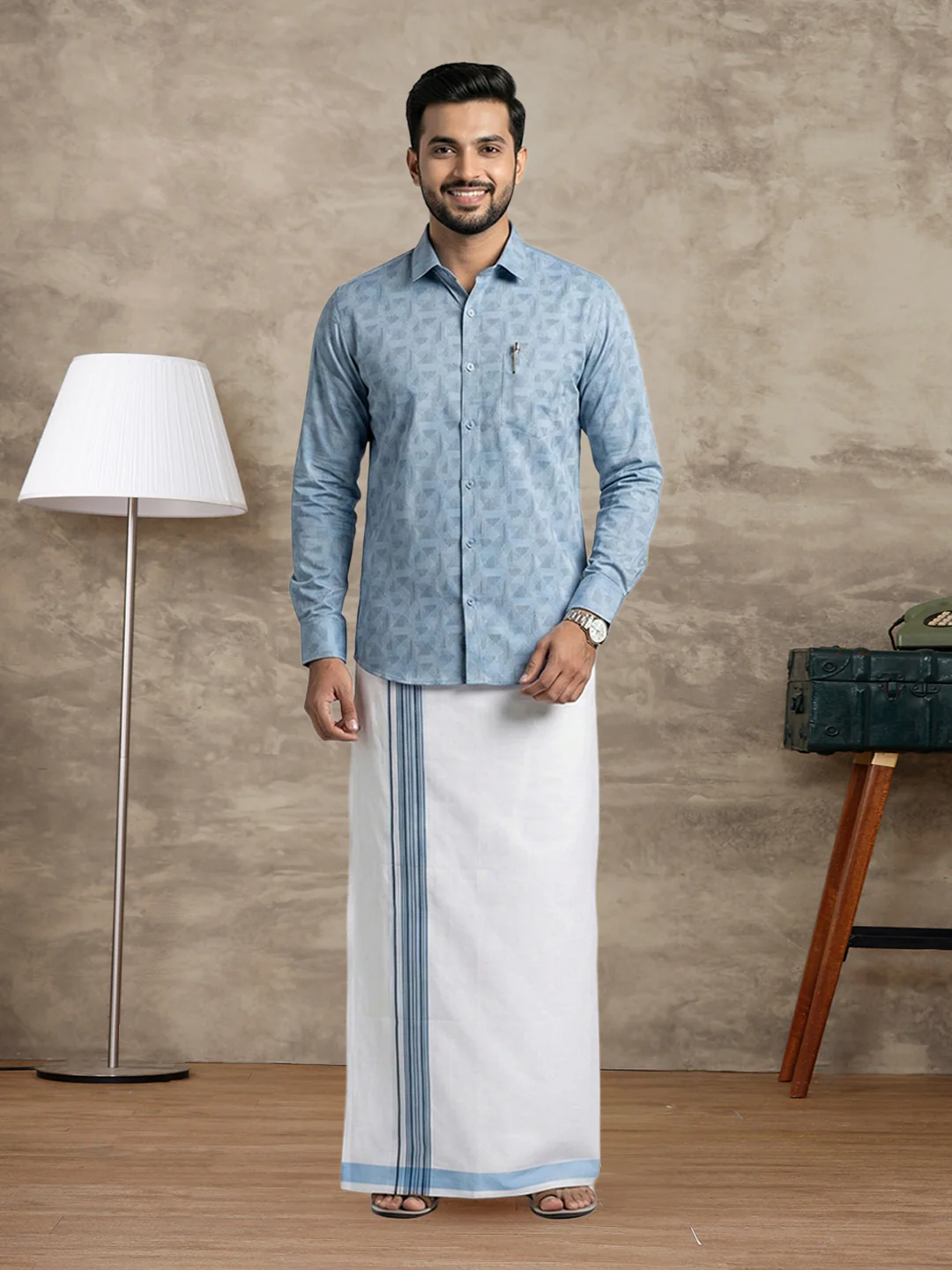 Like Father Like Son Matching Border Dhoti with Printed Shirt Combo Set Light Blue PS23 - Image 6