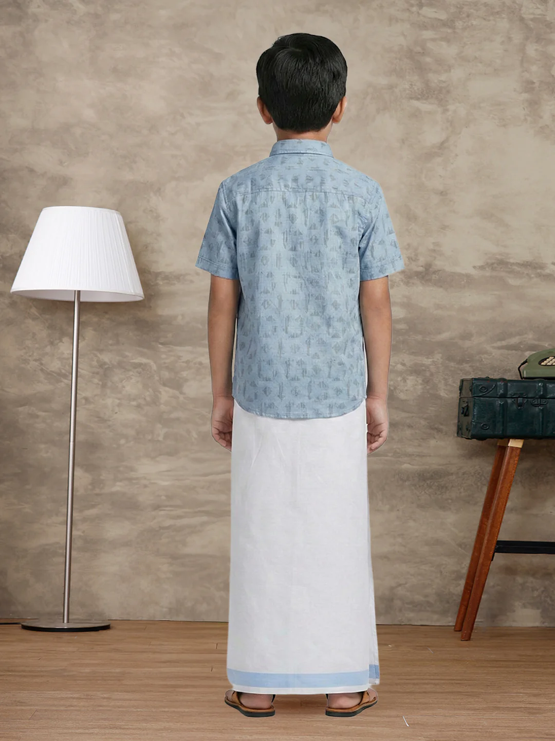 Like Father Like Son Matching Border Dhoti with Printed Shirt Combo Set Light Blue PS23 - Image 7