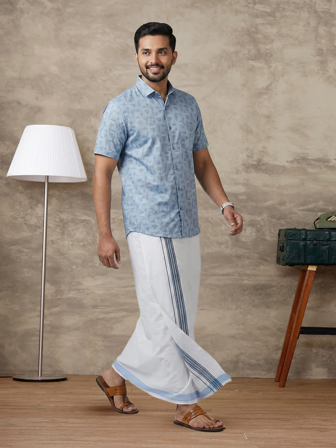 Like Father Like Son Matching Border Dhoti with Printed Shirt Combo Set Light Blue PS23 - Image 8
