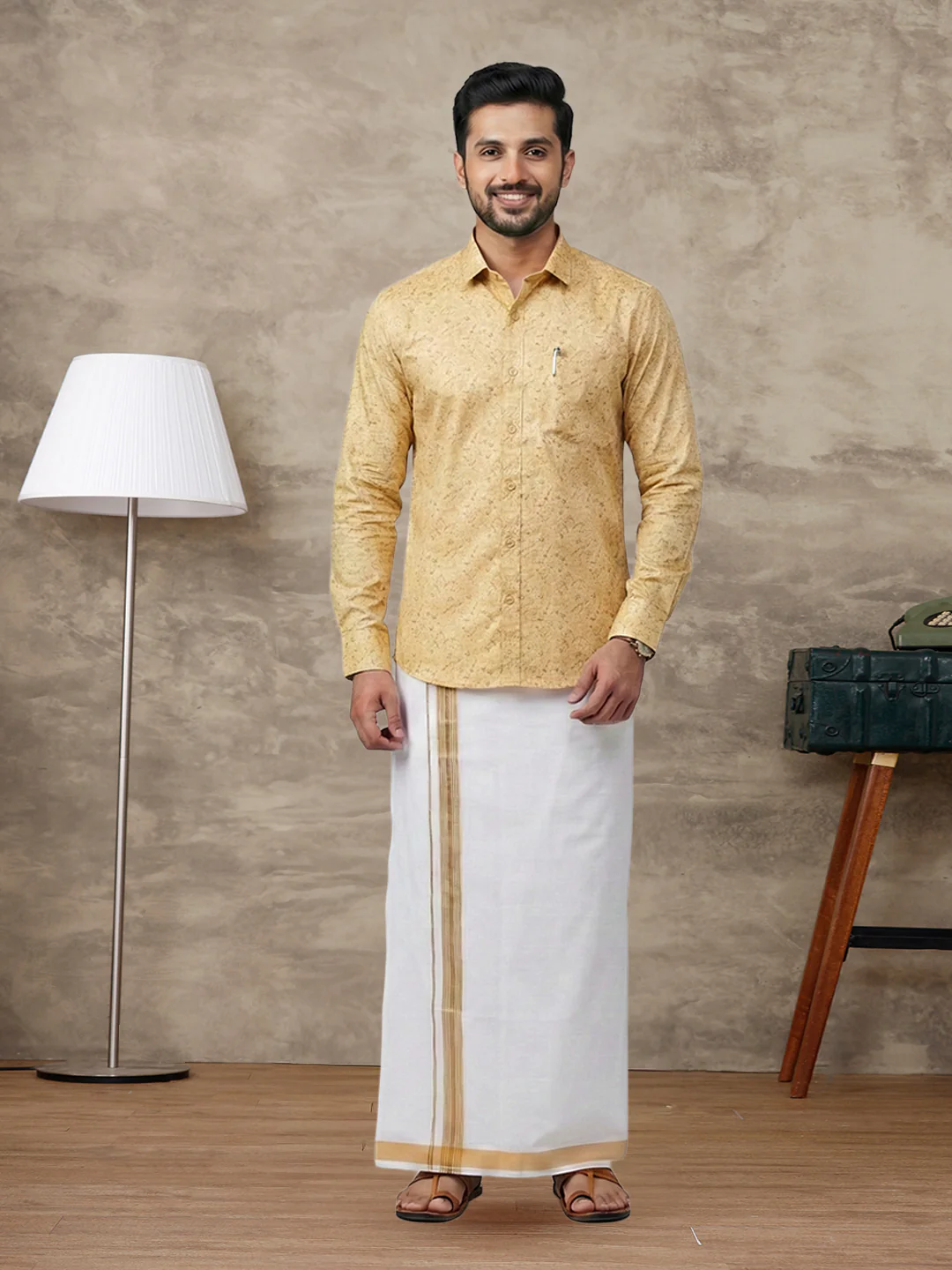 Like Father Like Son Matching Border Dhoti with Printed Shirt Combo Set Sandal PS21 - Image 2