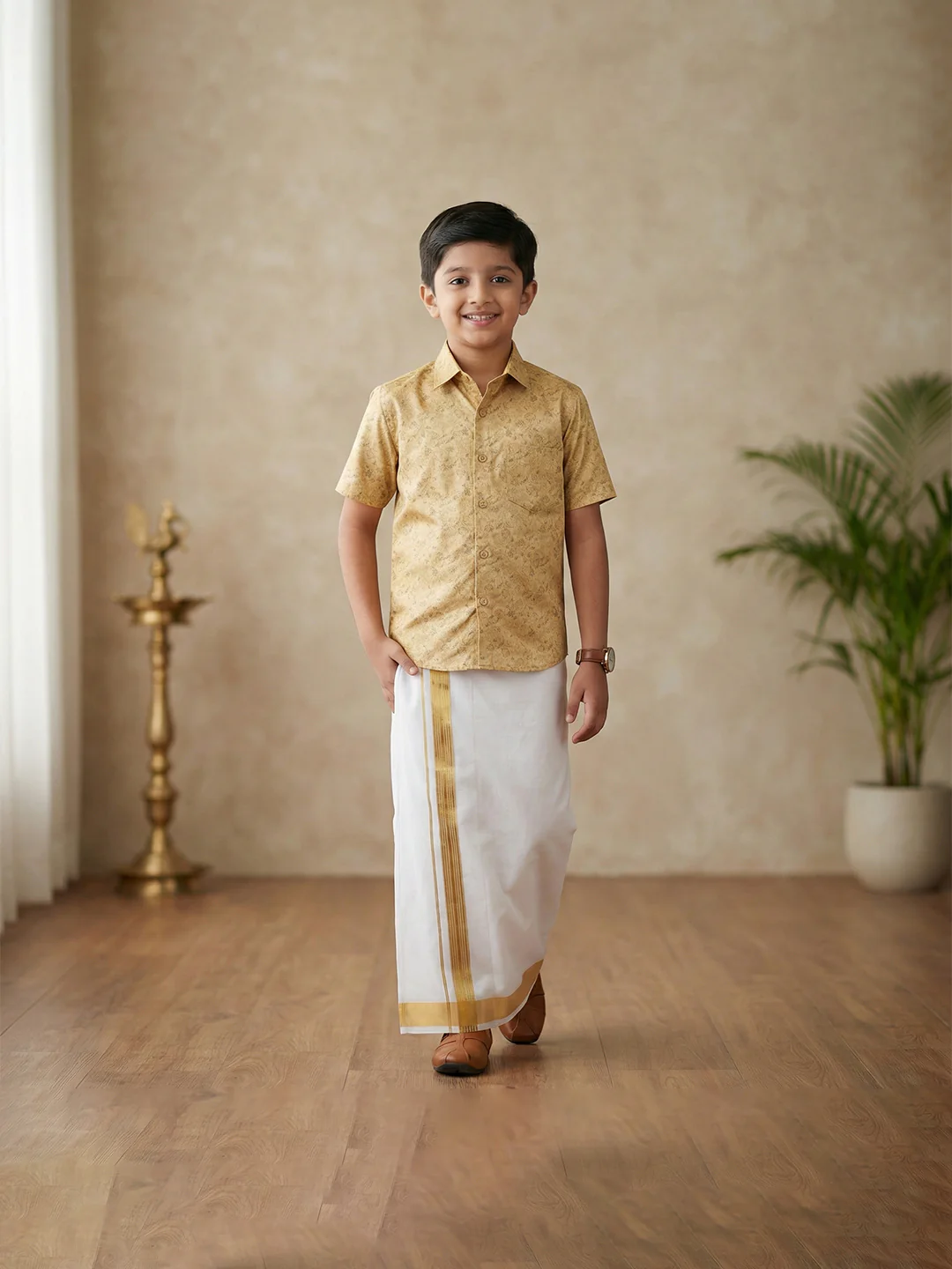 Like Father Like Son Matching Border Dhoti with Printed Shirt Combo Set Sandal PS21 - Image 3