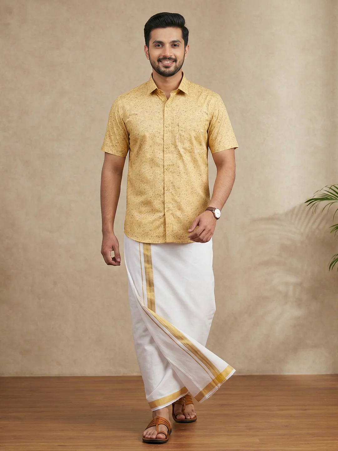 Like Father Like Son Matching Border Dhoti with Printed Shirt Combo Set Sandal PS21 - Image 4