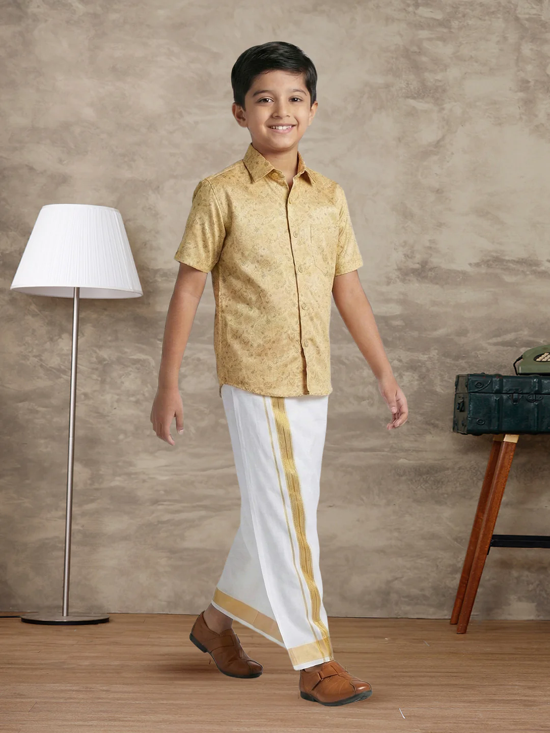 Like Father Like Son Matching Border Dhoti with Printed Shirt Combo Set Sandal PS21 - Image 5
