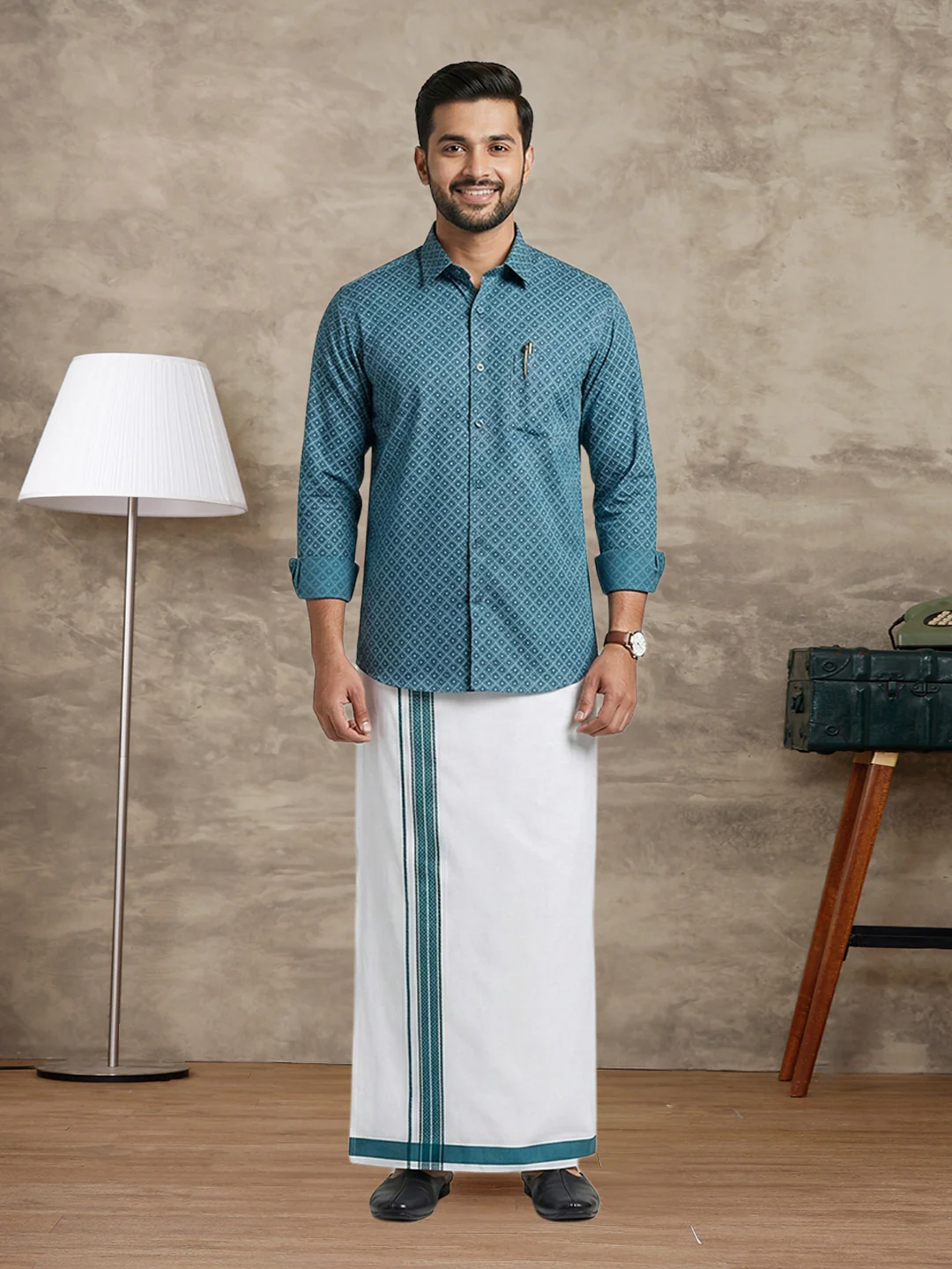 Like Father Like Son Matching Border Dhoti with Printed Shirt Combo Set Teal Blue PS27 - Image 2