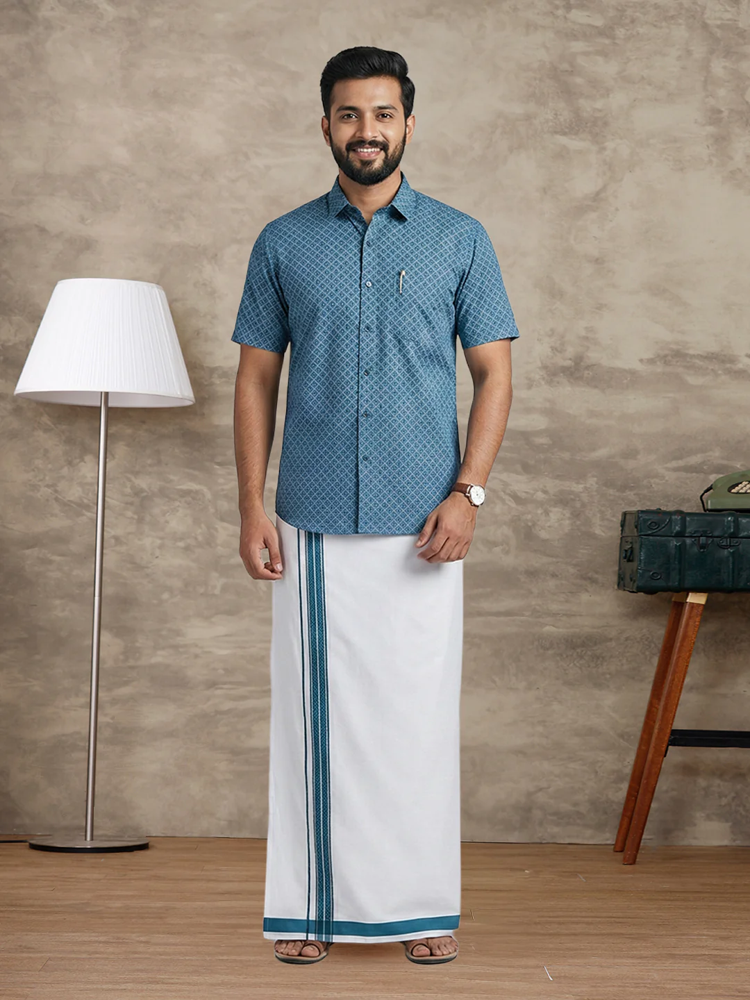 Like Father Like Son Matching Border Dhoti with Printed Shirt Combo Set Teal Blue PS27 - Image 4