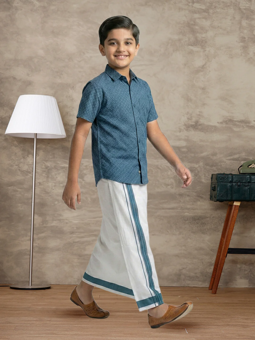 Like Father Like Son Matching Border Dhoti with Printed Shirt Combo Set Teal Blue PS27 - Image 5
