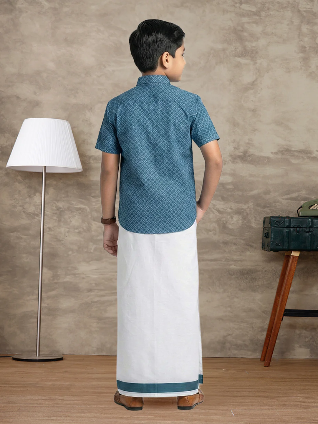 Like Father Like Son Matching Border Dhoti with Printed Shirt Combo Set Teal Blue PS27 - Image 7