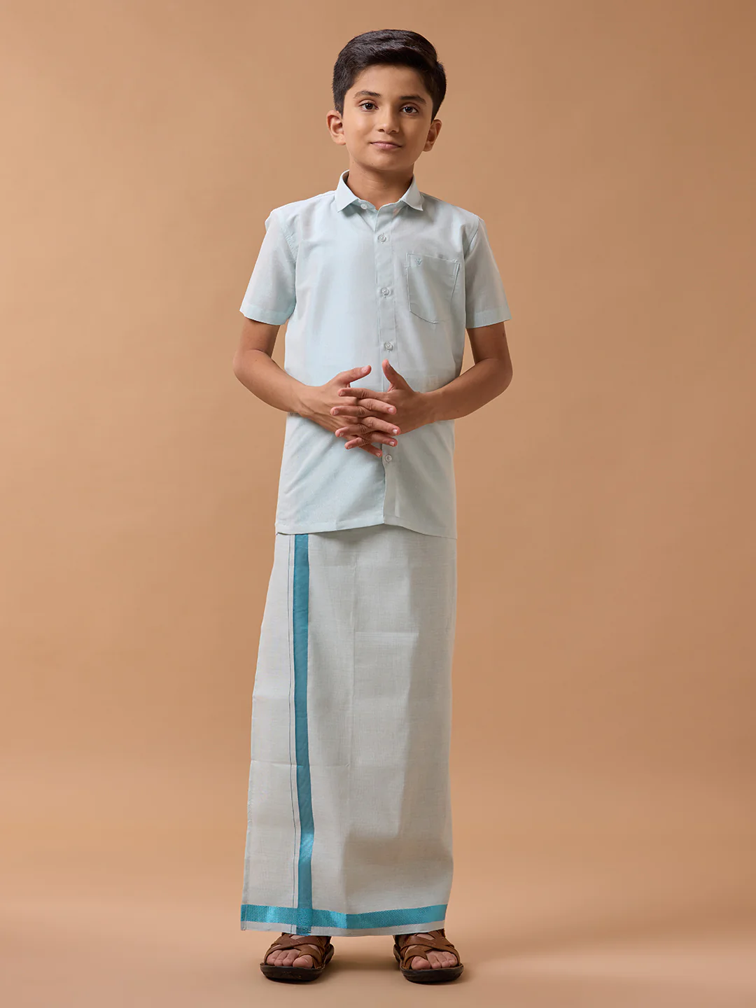 Like Father Like Son Tissue Dhoti & Shirt Combo Cyan - Image 3