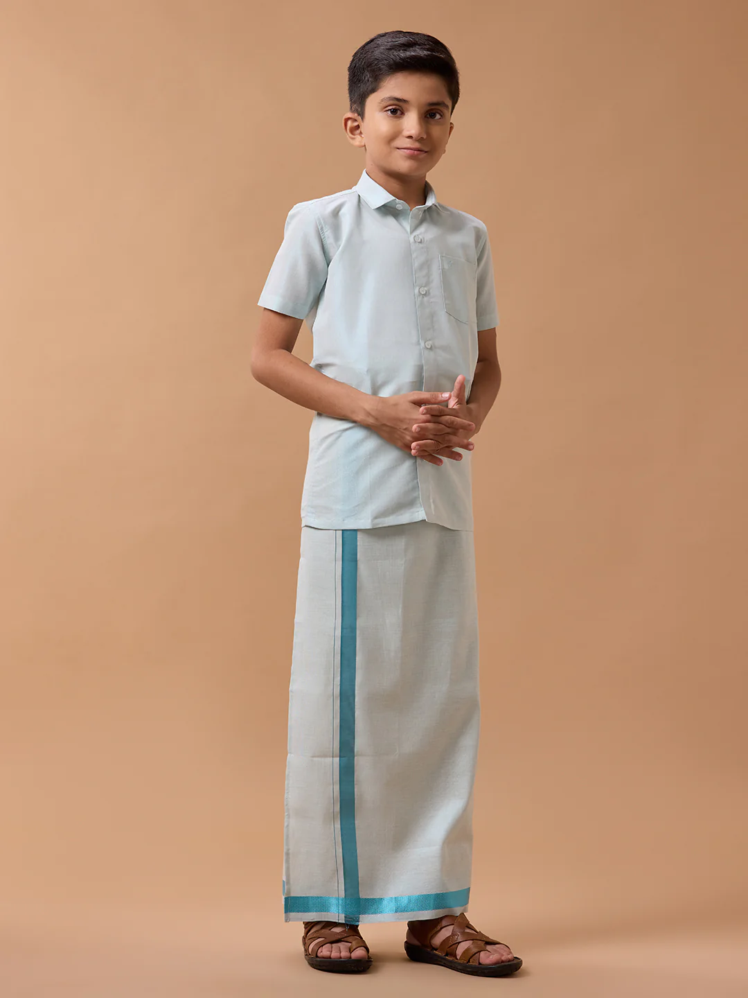 Like Father Like Son Tissue Dhoti & Shirt Combo Cyan - Image 5