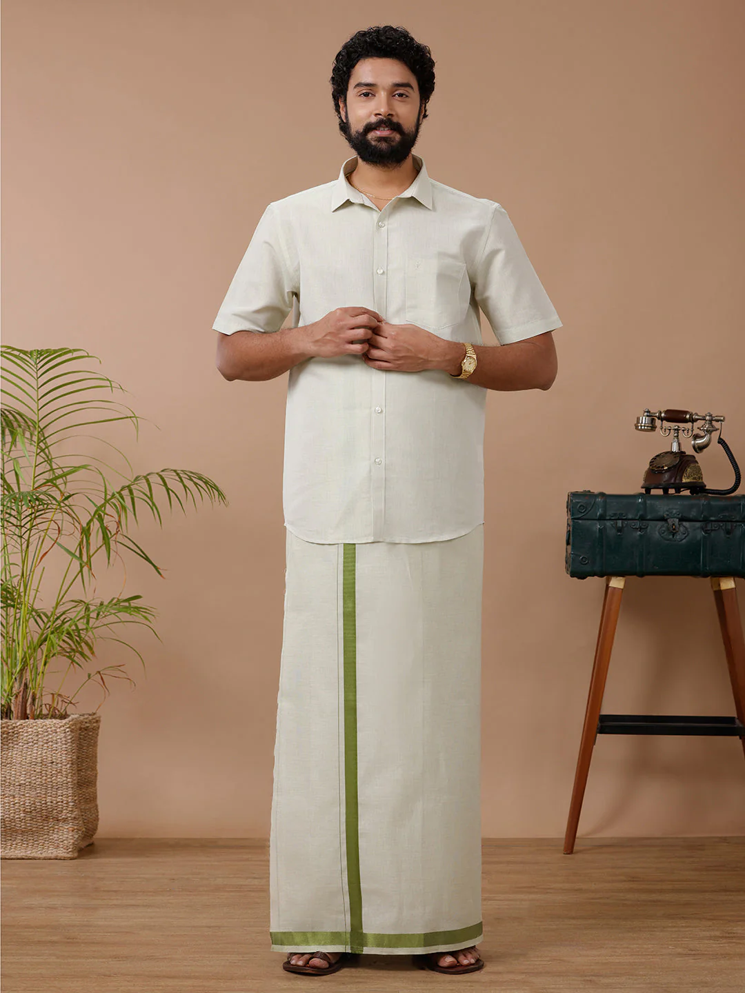 Like Father Like Son Tissue Dhoti & Shirt Combo Moss Green - Image 2