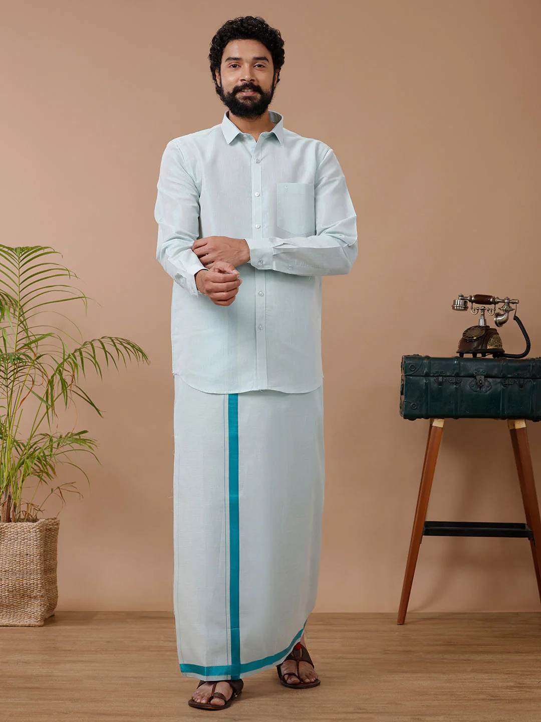Like Father Like Son Tissue Dhoti & Shirt Combo Ramar Green - Image 5