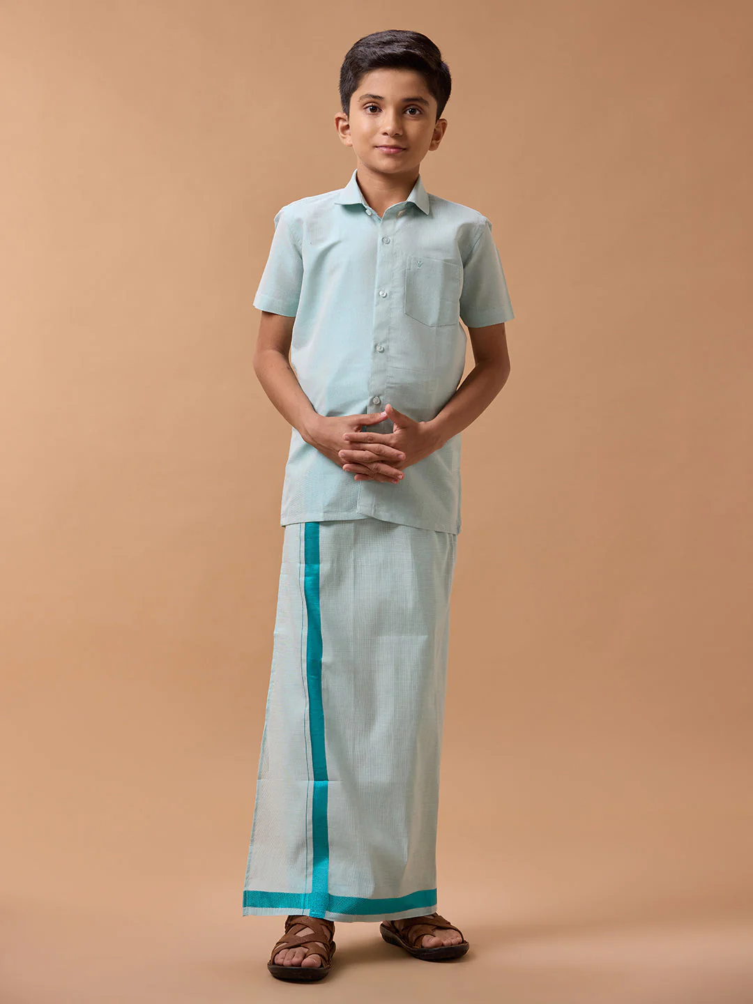 Like Father Like Son Tissue Dhoti & Shirt Combo Ramar Green - Image 6