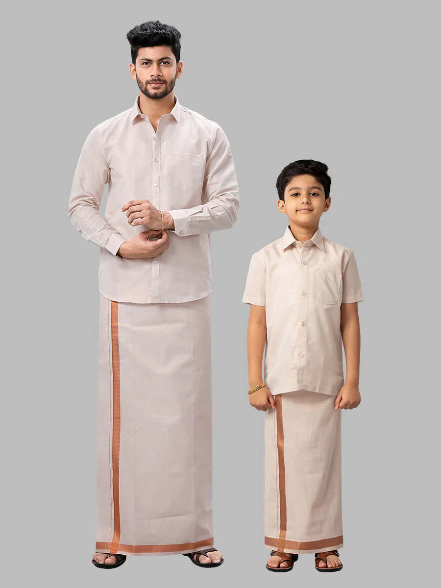 Like Father Like Son Tissue Shirt & Dhoti Combo Copper