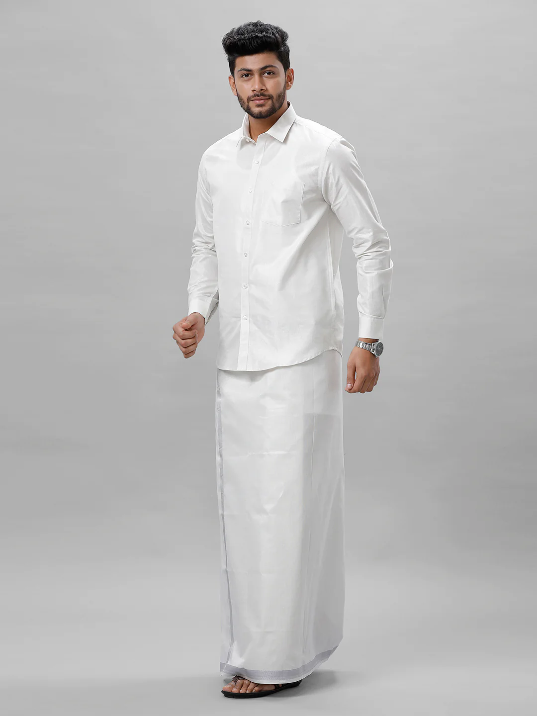 Like Father Like Son Tissue Shirt & Dhoti Combo Silver - Image 3