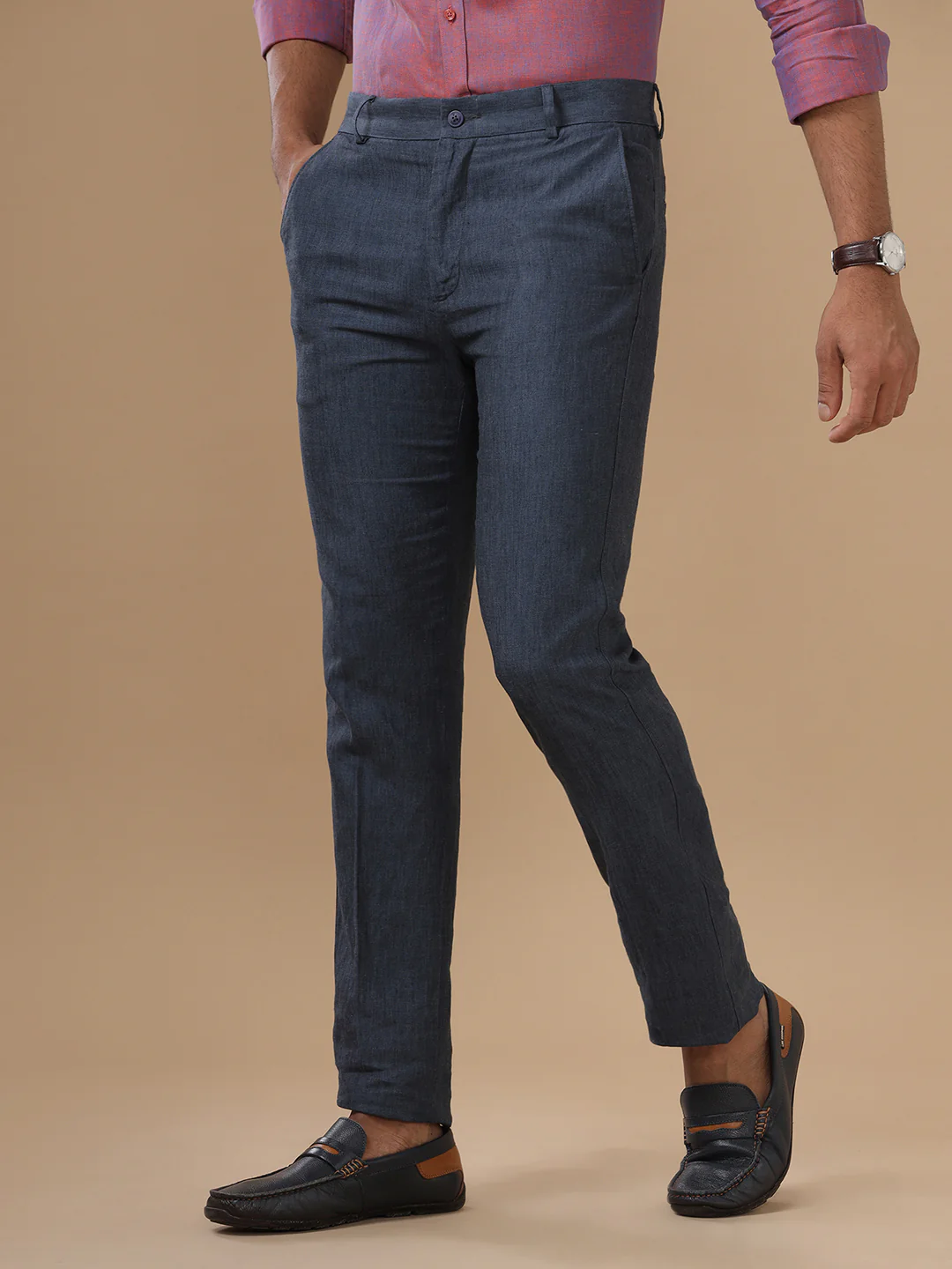 Linen Cotton Grayish Blue Trim Fit Pants LC10 - Image 3