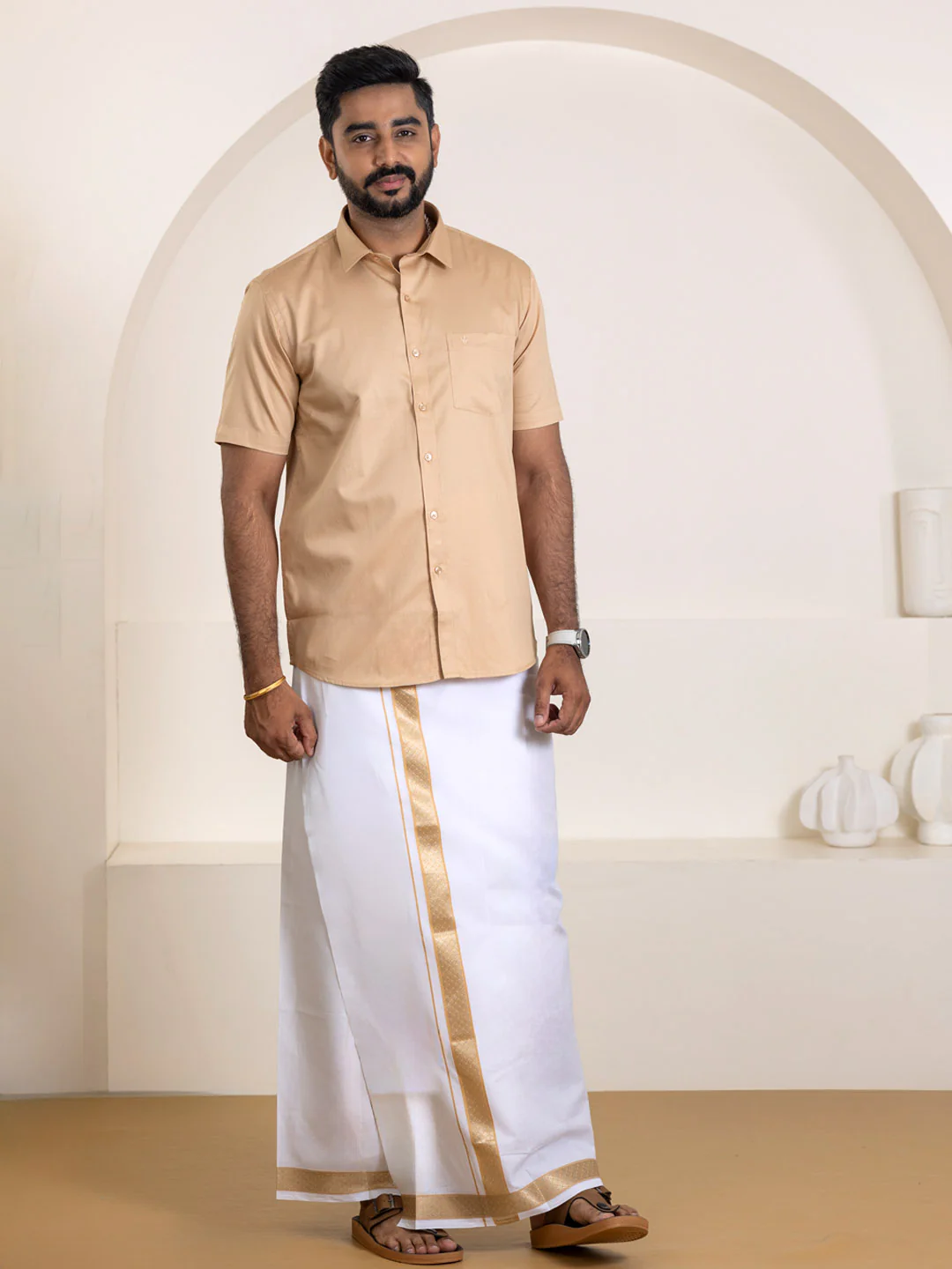 Men 100% Cotton Brown Shirt and Fancy Border Dhoti Set BT1 - Image 2