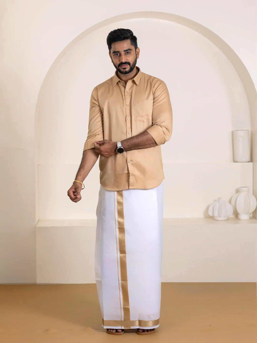 Men 100% Cotton Brown Shirt and Fancy Border Dhoti Set BT1 - Image 3