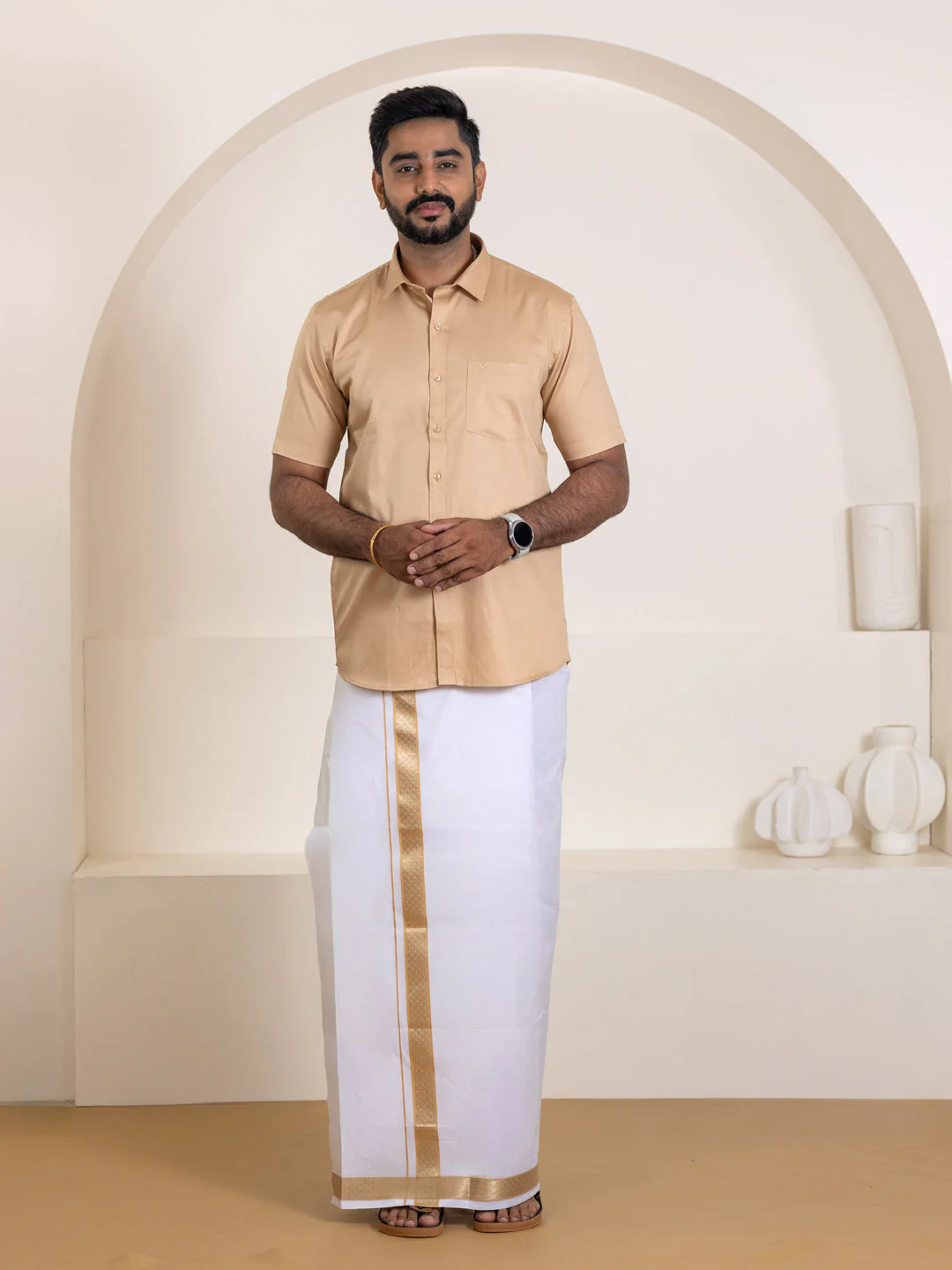 Men 100% Cotton Brown Shirt and Fancy Border Dhoti Set BT1 - Image 4