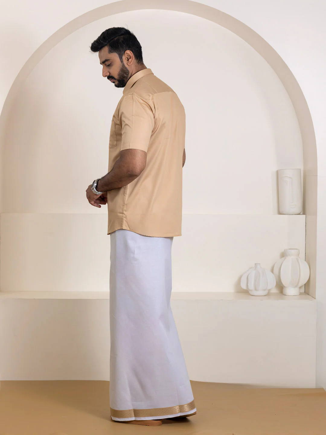 Men 100% Cotton Brown Shirt and Fancy Border Dhoti Set BT1 - Image 5