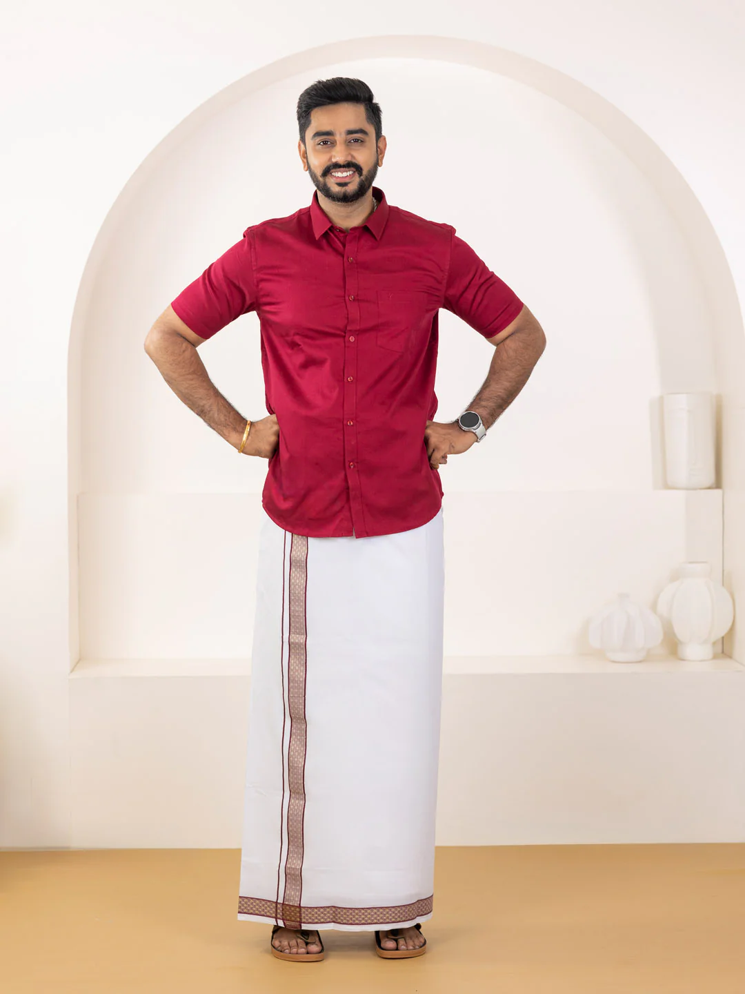 Men 100% Cotton Cherry Wood Shirt and Fancy Border Dhoti Set BT8 - Image 2